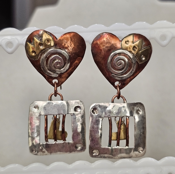 BOLIN “Caged Heart” Mixed Metal Earrings 925 Rare Artisan - Picture 9 of 14
